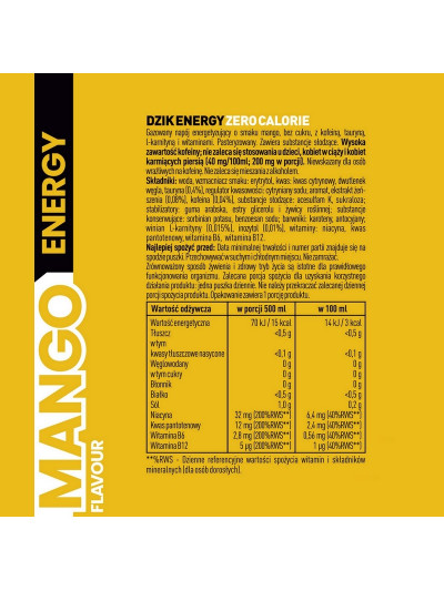 Napój energetyczny WK Dzik DZIK® Energy Zero kalorii 500ml mango w sklepie Pakuj ZDROWIE Gdańsk Wrzeszcz SKŁAD