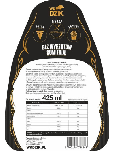 WK DZIK Czosnkowy Sos Premium Zero tłuszczu 425ml w sklepie Pakuj ZDROWIE Gdańsk Wrzeszcz SKŁAD