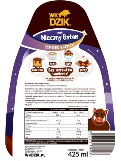 Sosy zero kcal WK Dzik Dobry Sos Zero cukru 425ml mleczny baton na słodko w sklepie Pakuj ZDROWIE Gdańsk Wrzeszcz SKŁAD