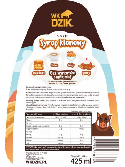 Sosy zero kcal WK Dzik Dobry Sos Zero cukru 425ml syrop klonowy na słodko w sklepie Pakuj ZDROWIE Gdańsk Wrzeszcz SKŁAD