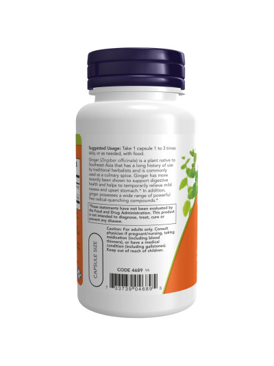 Tył NOW FOODS Ginger Root Extract 250 mg 90 vcaps w sklepie Pakuj ZDROWIE Gdańsk Wrzeszcz