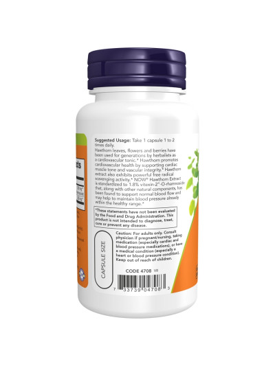 Tył NOW FOODS Hawthorn Extract 300 mg 90 vcaps w sklepie Pakuj ZDROWIE Gdańsk Wrzeszcz