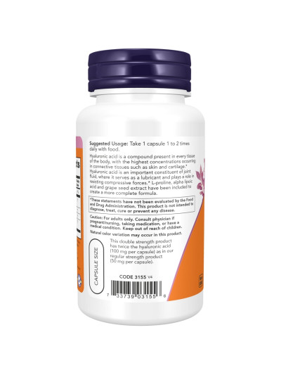 Tył NOW FOODS Hyaluronic Acid 100 mg 60 vcaps w sklepie Pakuj ZDROWIE Gdańsk Wrzeszcz