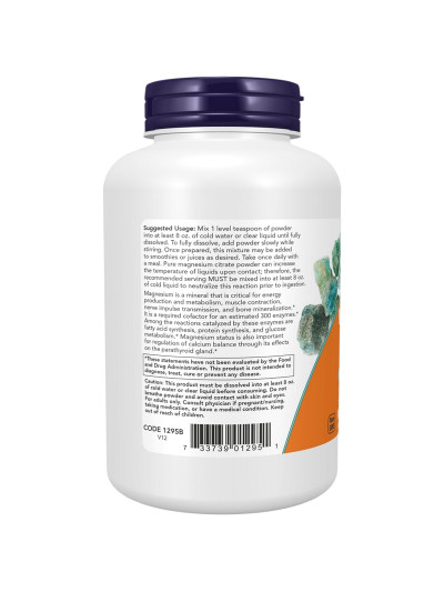 Tył NOW FOODS Magnesium Citrate Pure Powder 227 g w sklepie Pakuj ZDROWIE Gdańsk Wrzeszcz