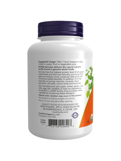 Tył NOW FOODS Spirulina Powder Pure 113 g w sklepie Pakuj ZDROWIE Gdańsk Wrzeszcz