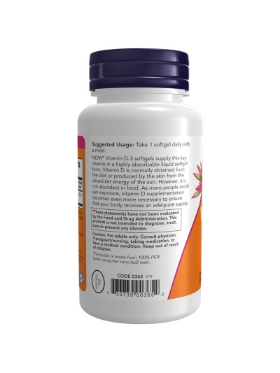 NOW FOODS Vitamin D-3 1000 IU Softgels 180 caps - 3