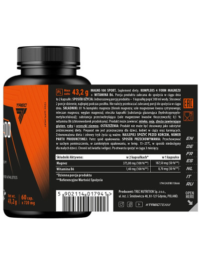 Skład TREC Magne-100 Sport 60 caps w Pakuj ZDROWIE Gdańsk Wrzeszcz