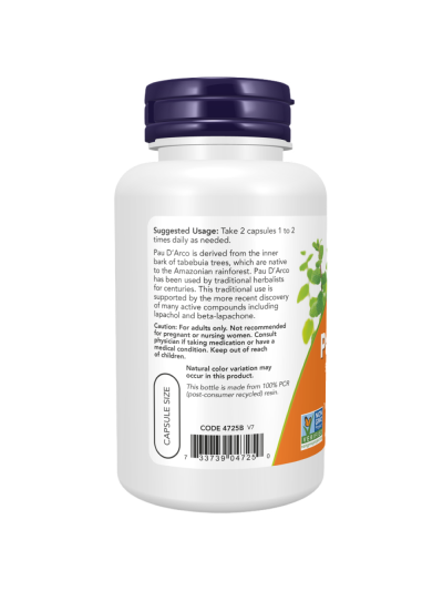 Tył NOW FOODS Pau D'Arco 500mg 100 vcaps w Pakuj ZDROWIE Gdańsk Wrzeszcz